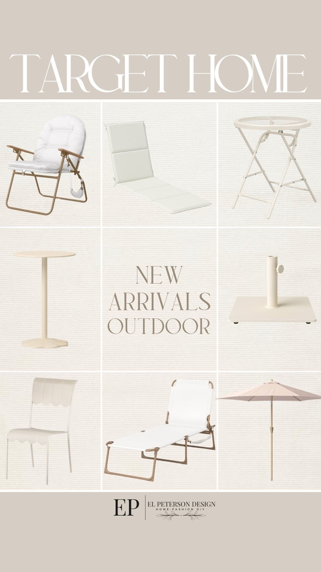 Target
New Outdoor Arrivals
Beach chair
Outdoor seat cushion
Accent table
Umbrella stand
Outdoor umbrella
Outdoor lounger 

#LTKHome