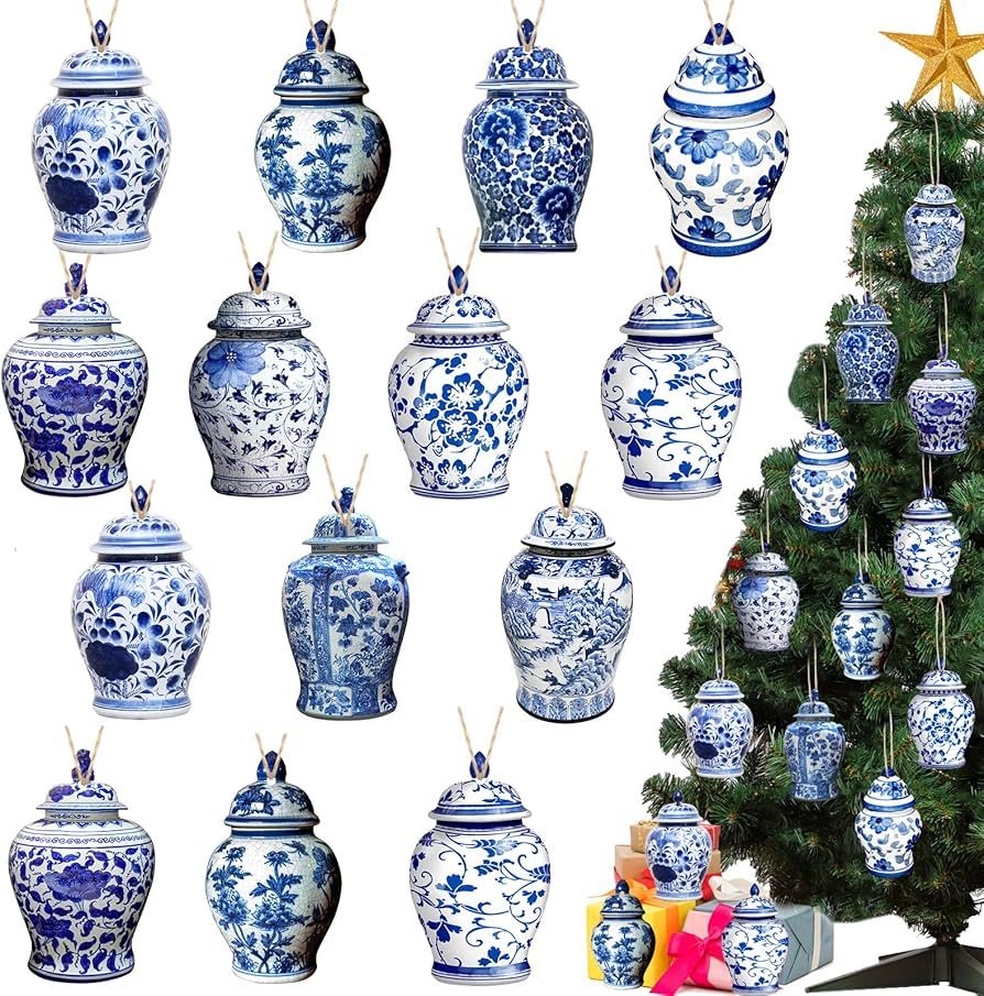 40 Pieces Christmas Ginger Jar Ornaments Christmas Chinoiserie Hanging Decor Blue and White Porce... | Amazon (US)