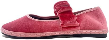 Women's Velvet Mary Jane Flats Round Toe Ballet Shoes Wide Strap Design with Burgundy Trim | Amazon (US)