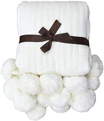 TEALP Pom Pom Blanket White Cotton Knitted Throw Blanket with Pom Poms (Cream White, 40''x60'') | Amazon (US)