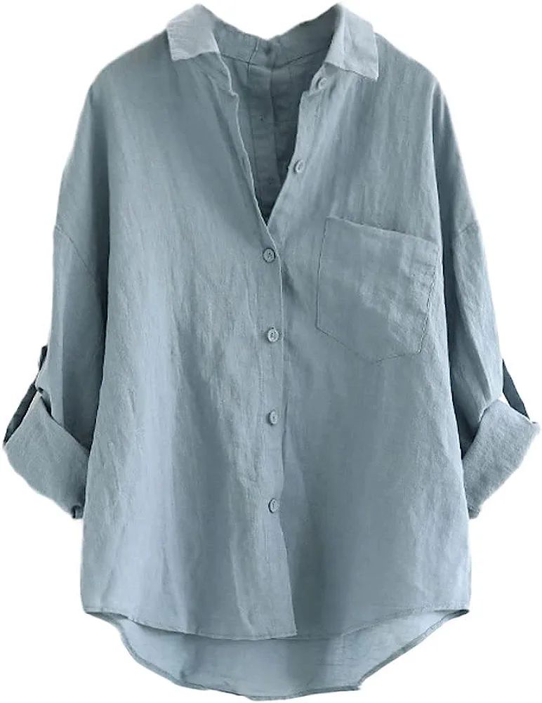 Minibee Women's Linen Blouse High Low Shirt Roll-Up Sleeve Tops Blue M at Amazon Women’s Clothi... | Amazon (US)
