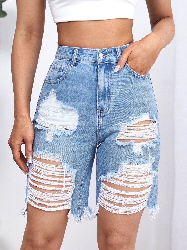 Zipper Fly Ripped Raw Hem Denim Shorts | SHEIN