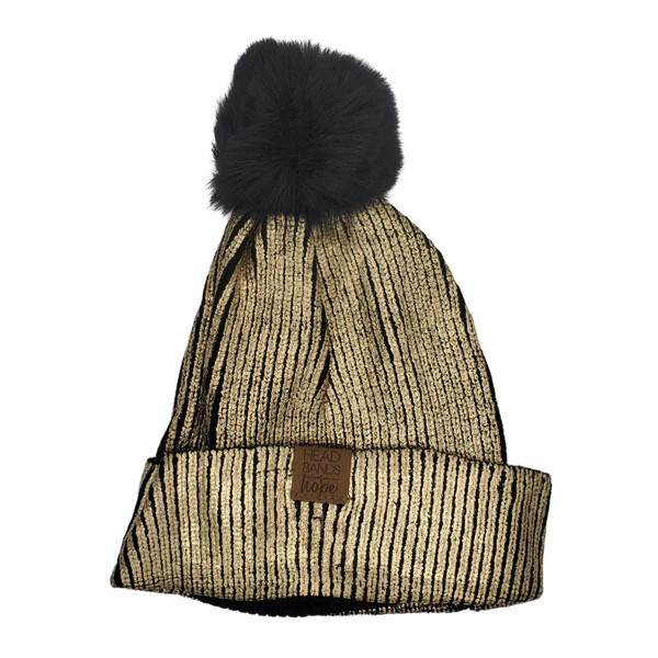 Metallic Gold Snap Pom Pom Beanie | Headbands of Hope