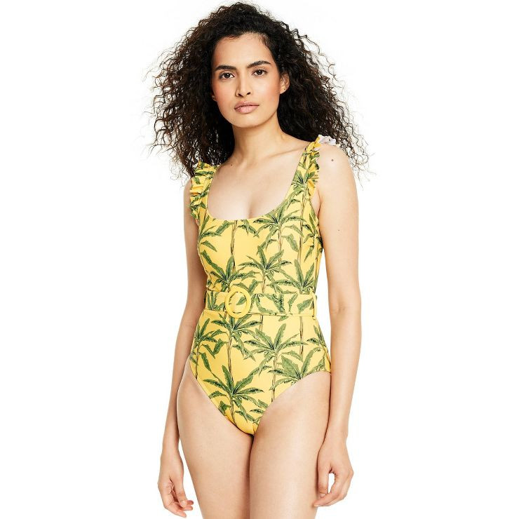 Women's Large Palm Print Medium Coverage One Piece Swimsuit - Agua Bendita x Target Yellow/Dark O... | Target