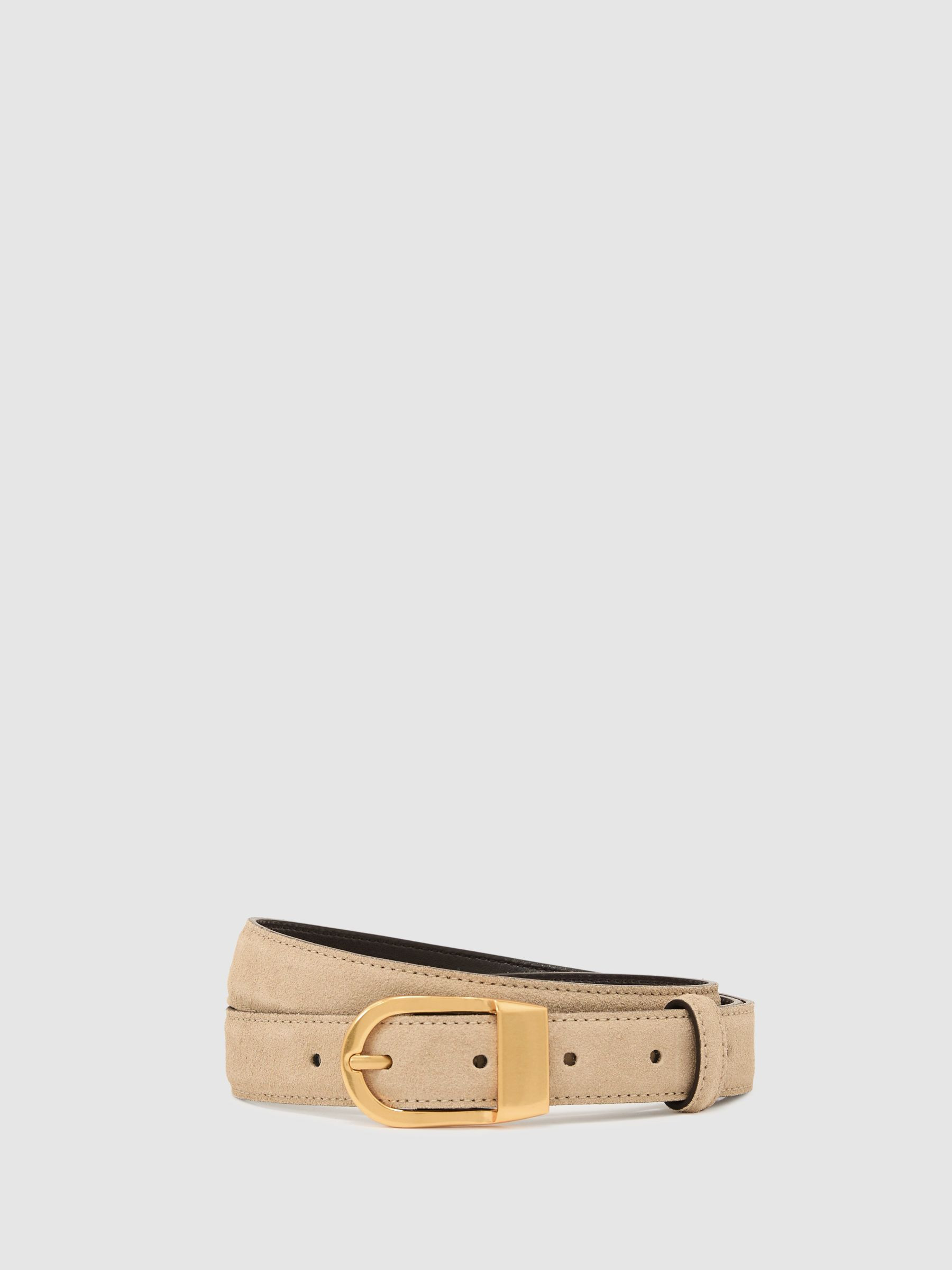 Leather Curved-Buckle Belt in Stone | Reiss UK