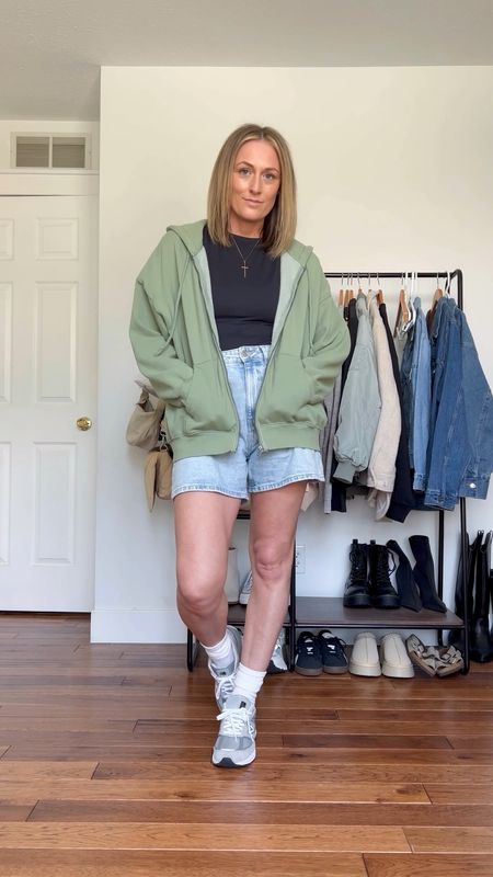 Spring outfit. Spring outfit idea. Zip up sweatshirt. Mom shorts. New balance shoes. Casual outfit idea. Casual outfit. Mom outfit.

#LTKSeasonal #LTKfindsunder100 #LTKfindsunder50
