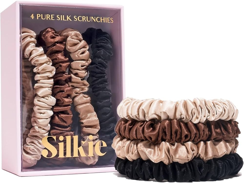 SILKIE x4 Set - Forget Satin - 100% Pure Mulberry Silk Black Brown Skinny Scrunchies Travel Pouch... | Amazon (US)