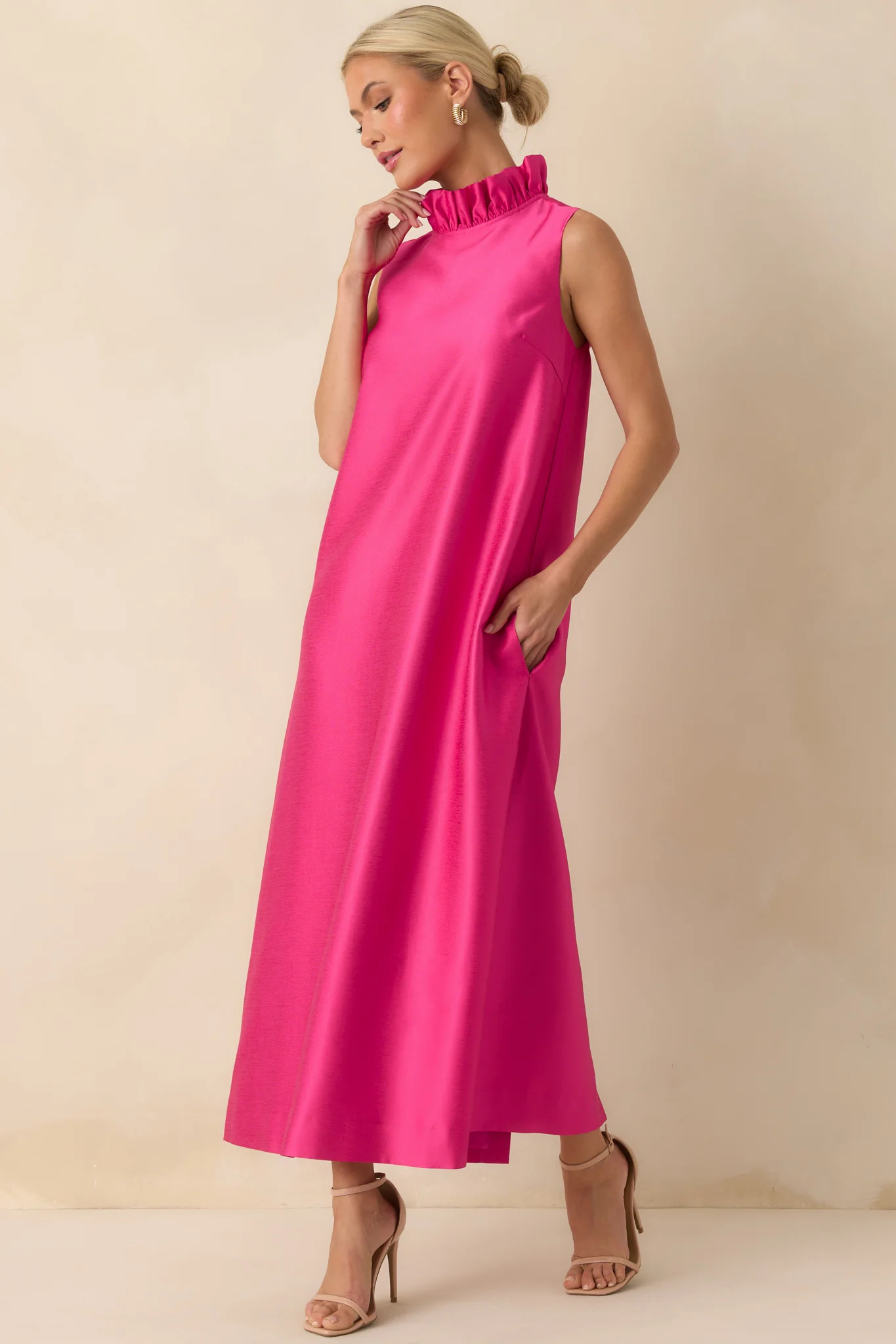 Prosperina Cecily Hot Pink Ruffle Neck Maxi Dress | Red Dress