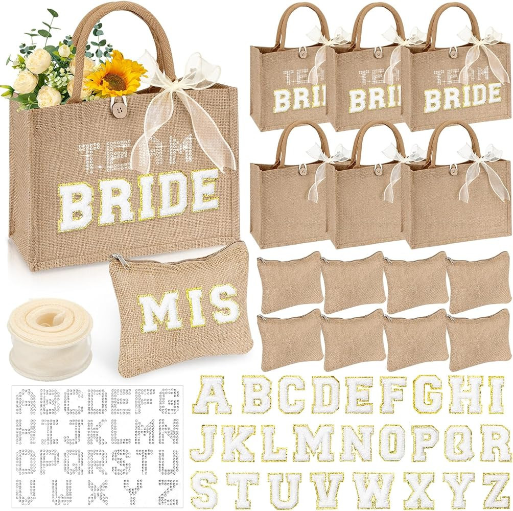20 Set Burlap Gift Bag Jute Bridesmaid Tote Bag with Handle Welcome Bag with Pouch Letter Patches... | Amazon (US)