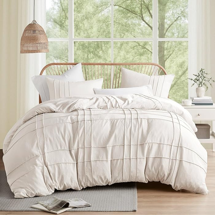 Comfort Spaces Cream King Size Duvet Cover Set - 3 Pieces Pintuck Pleated Duvet Cover, All Season... | Amazon (US)