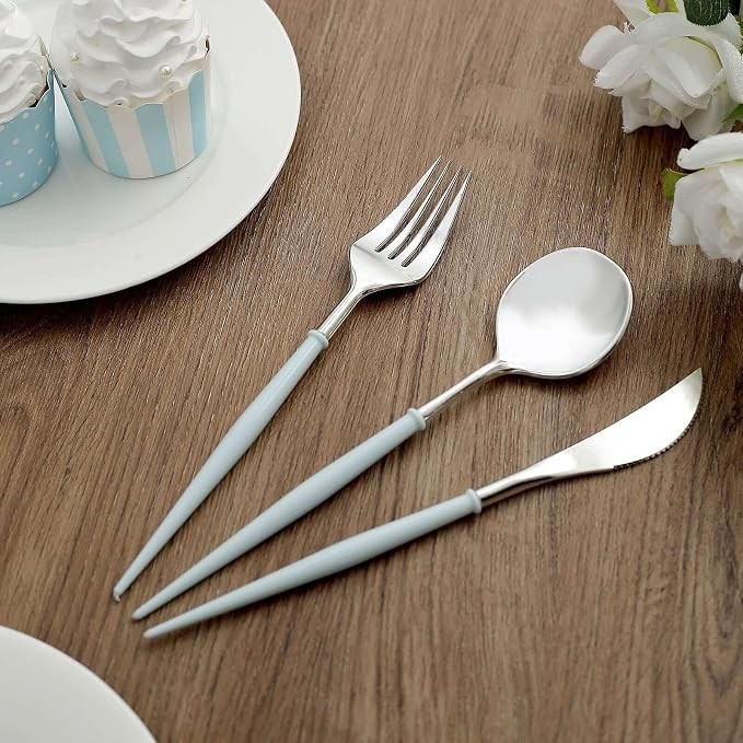 Efavormart 24 Pack | 8" Silver Heavy Duty Plastic Cutlery Set | Baby Blue Handle Plastic Silverwa... | Amazon (US)
