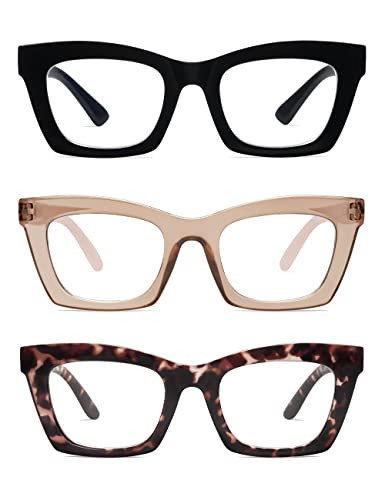 AMOMOMA 3 Pack Trendy Oversized Blue Light Stylish Readers for Women,Retro Square Cute Sturdy Computer Womens Reading Glasses AM6042 Black+Brown+Purple Tortoise 2.0 | Amazon (US)