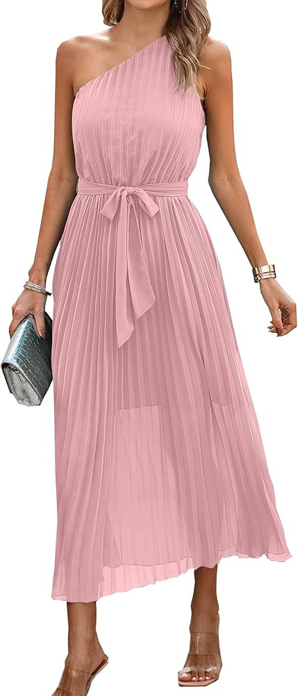 AOVDE Women 2023 Summer One Shoulder Dresses Sleeveless Solid High Waist Elegant Belted Pleated M... | Amazon (US)
