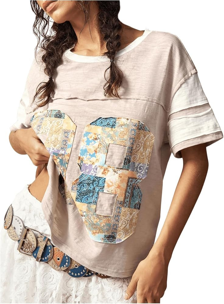 Women's Color Block Number Graphic Tees Crew Neck Short Sleeve Loose Tee Shirt | Amazon (US)