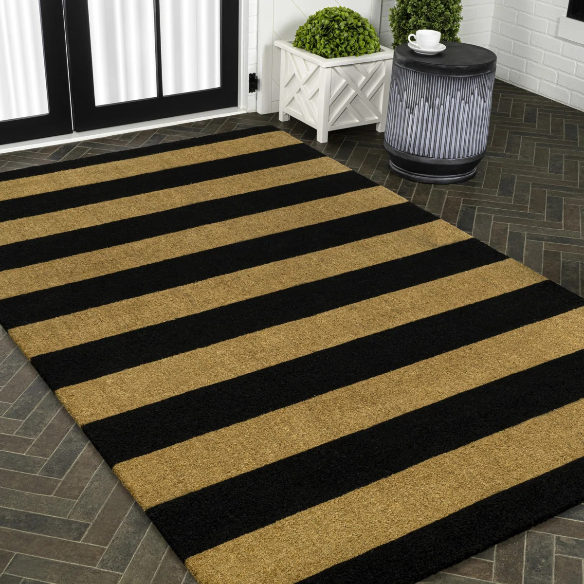 Sutton Modern Coastal Striped Coir Natural/Black Indoor/Outdoor Doormat | Wayfair North America