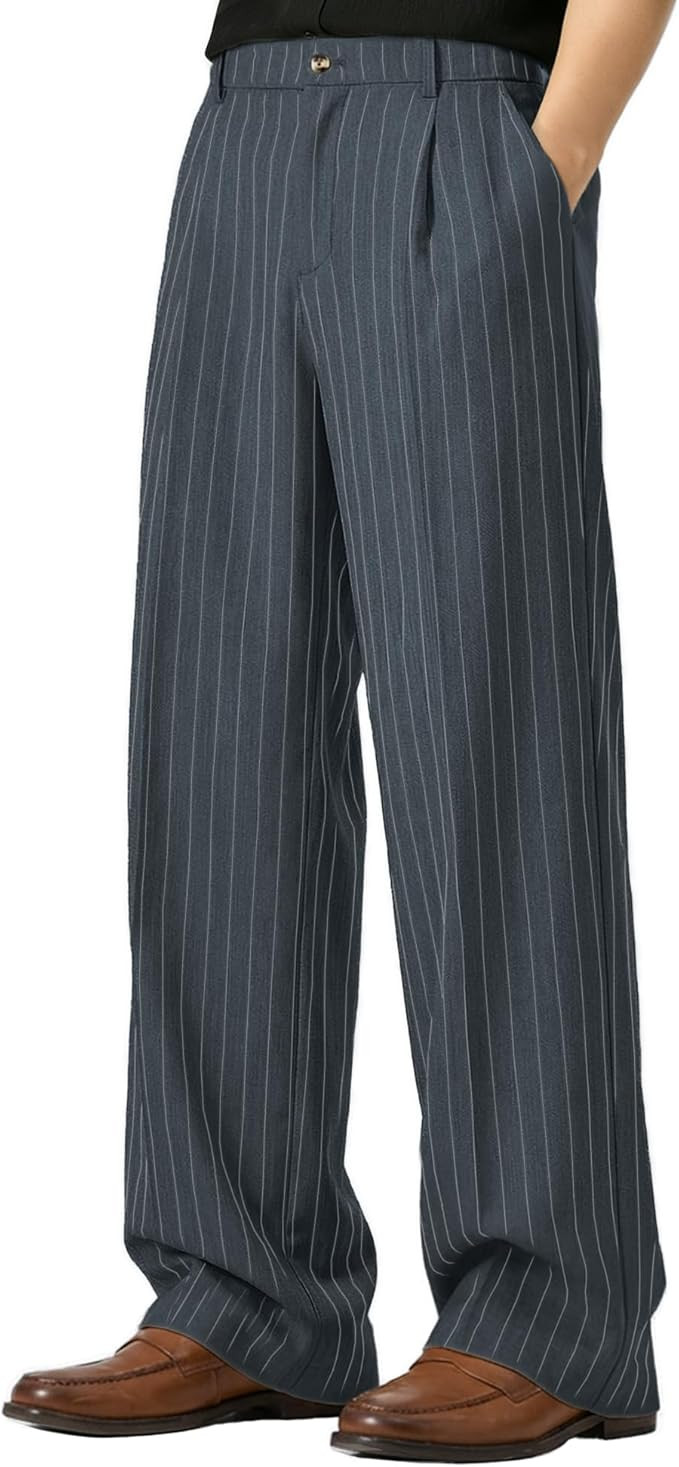 Susclude Mens Pinstripe Casual Dress Pants Old Money Wide Leg Baggy Pleated Slacks Elastic Wasist... | Amazon (US)
