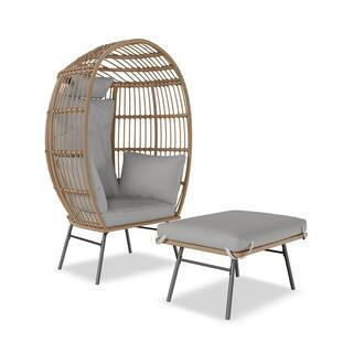 Oversized Wicker Egg Chair Indoor/Outdoor Metal Frame Lounge Chair with Ottoman and Gray Cushions | The Home Depot