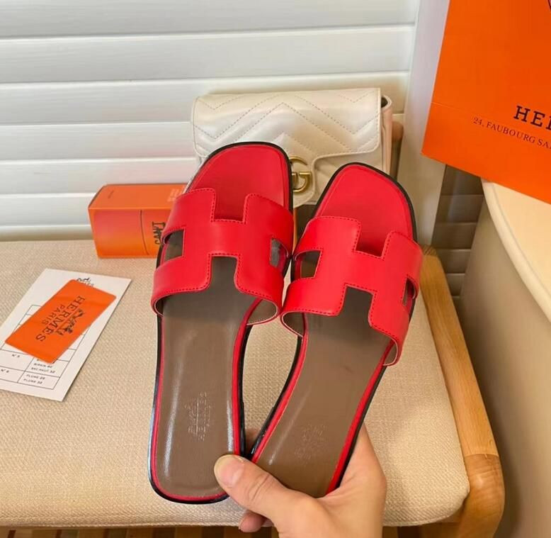 HERMES Women Oran Sandals Slippers Designer Classic Flat Slippers Red Cartoon Leather Ladies Summ... | DHGate