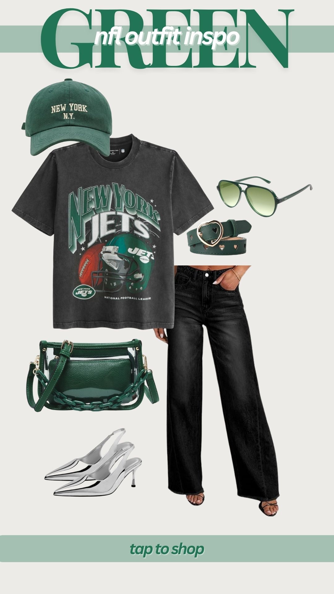 NFL game day outfit, football game outfit, black and green outfit, green sports team outfit, New York jets outfit, Philadelphia eagles outfit, Green Bay packers outfit 