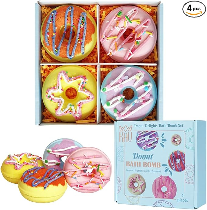 KAV Donut Bath Bombs Gift Set – 4 Piece Handmade Organic Bath Bomb Kit with Essential Oils – ... | Amazon (US)