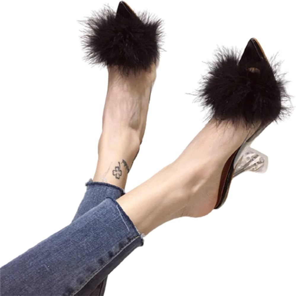 PVC Shoes Woman Feather Transparent High Heels Fur Pumps Slippers Women Peep Toe Mules Lady Pumps... | Amazon (US)