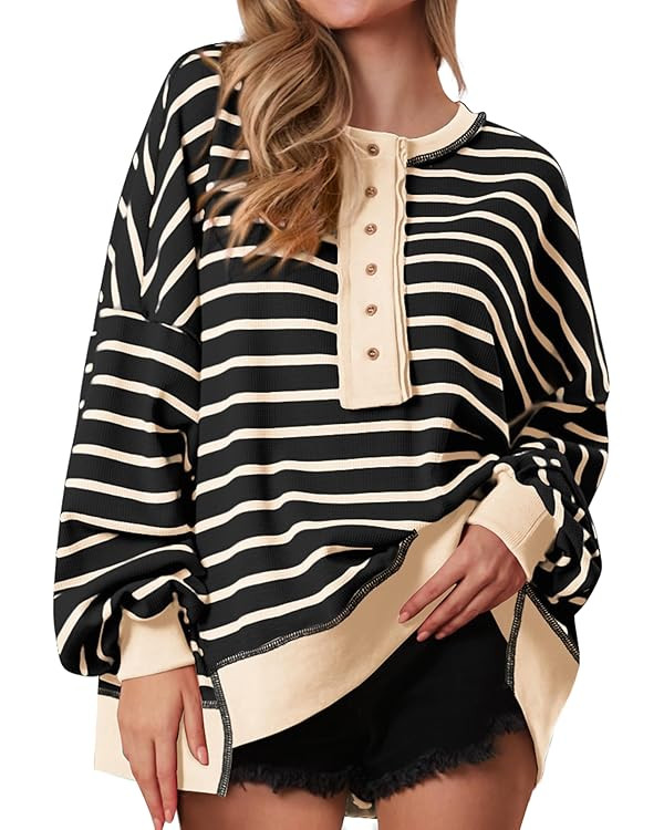 PRETTYGARDEN Womens Fall 2025 Striped Oversized Sweatshirt Long Sleeve Button Up Henley Neck Waff... | Amazon (US)