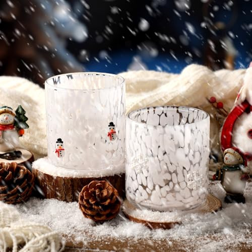 Mimorou 2 Pcs Winter Icon Juice Glass 14 Ounce Snowman Christmas Tree Themed Drinking Cocktails Glasses for Party, Xmas Cute Double Old Fashioned Reusable Cups for Home Bar Decor Lovely Gifts | Amazon (US)