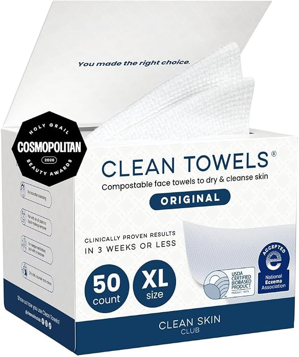 Clean Skin Club Clean Towels XL\u00ae, 100% USDA Biobased Face Towel, Disposable Face Towelette, ... | Amazon (US)