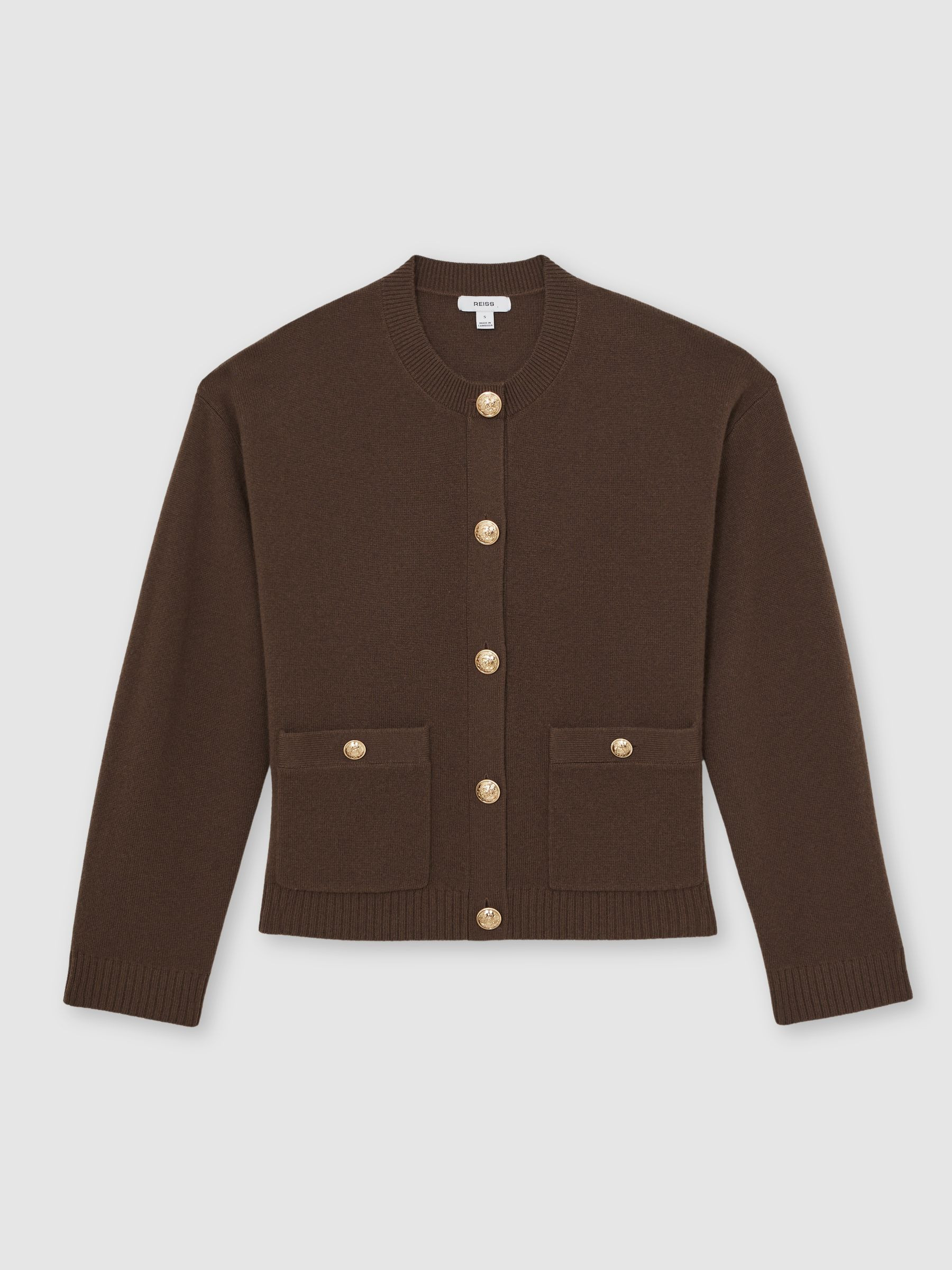 Reiss Wool-Cashmere Crew-Neck Cardigan in Chocolate Brown | REISS | Reiss US