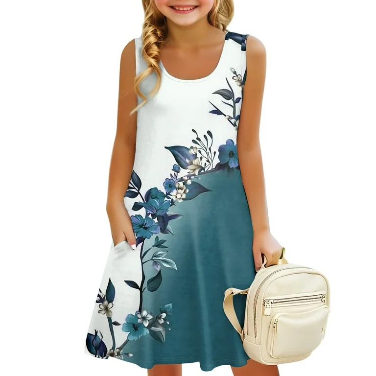 LTTVQM Girls Summer Dresses Size 12-13 Sleeveless Floral Sundresses Cute Crew Neck Tank Dress Tre... | Walmart (US)
