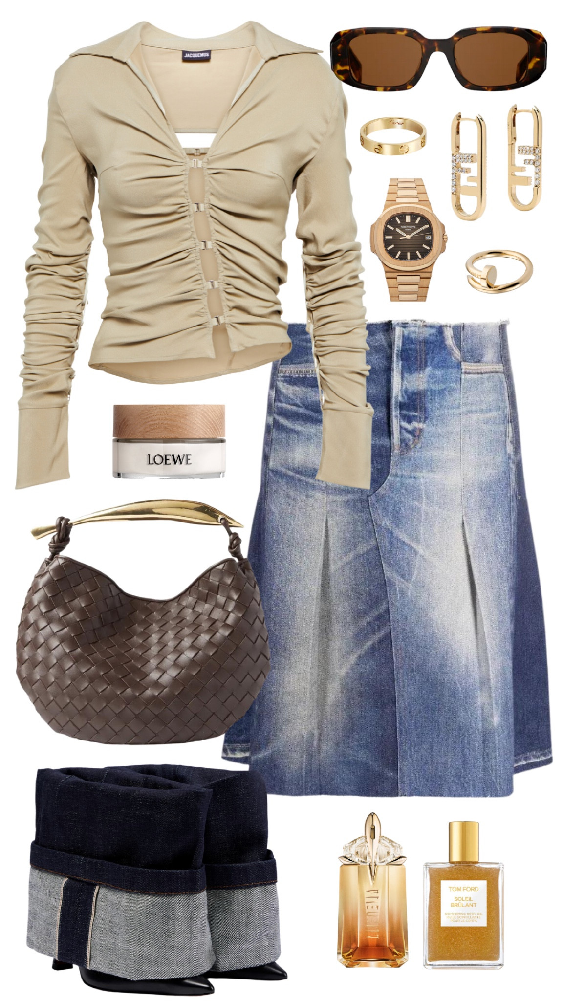 jacquemus top 
our legacy skirt 
loewe denim boots 
prada sunglasses 
bottega veneta bag 
patek phillipe  nautilus watch 
cartier love and juste un clou ring 
fendi earrings 
tom ford shimmering body oil 
mugler alien goddess perfume 
loewe body lotion 

#LTKstyletip #LTKsalealert #LTKFind