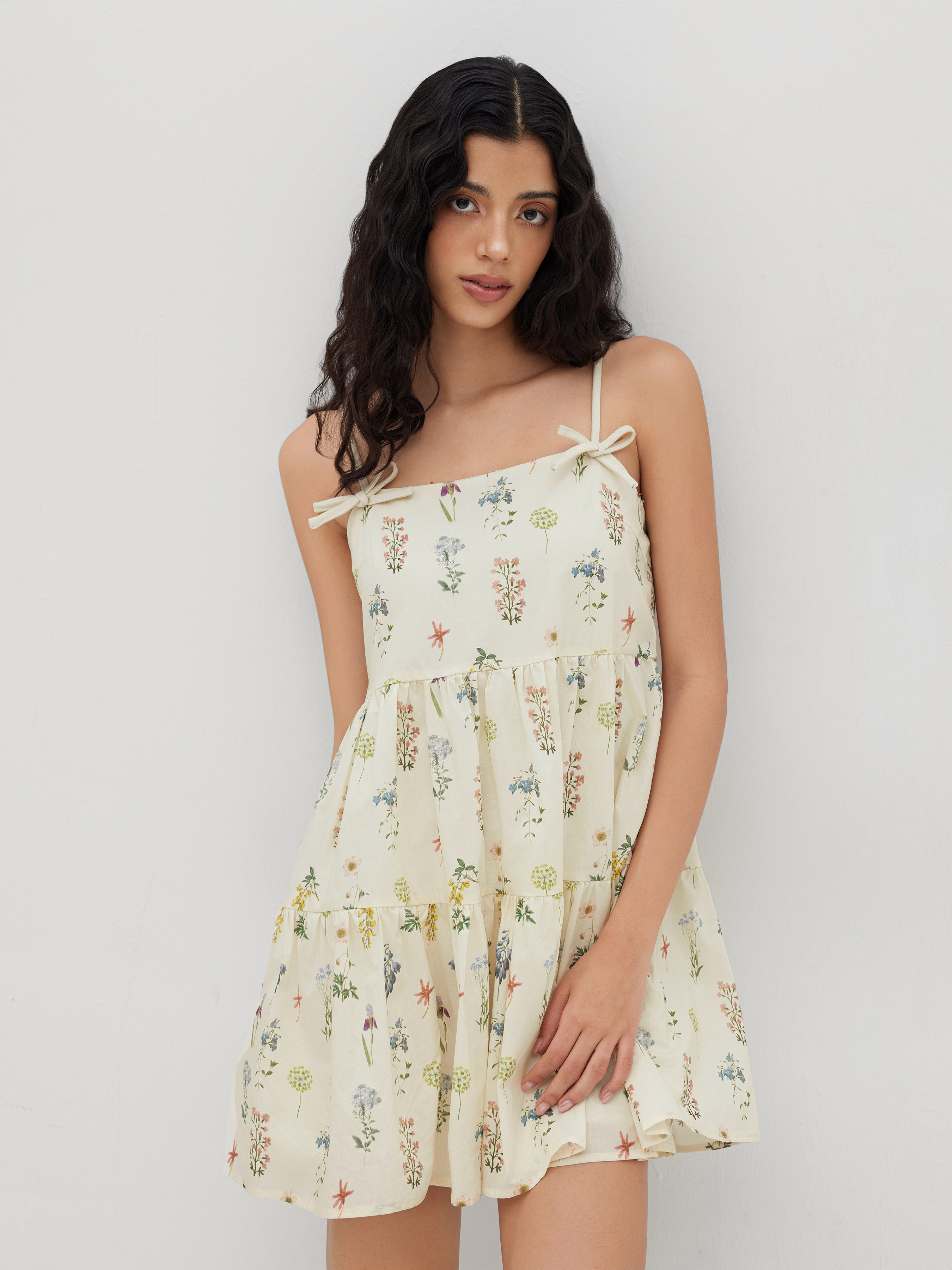 Woven 100% Cotton Floral Bowknot Ruffle Mini Dress For Daily Casual Picnic Vacation | Cider