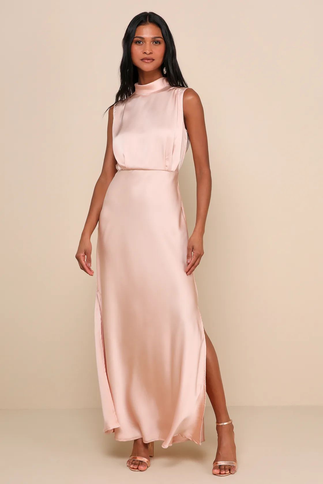 Classic Elegance Blush Satin Sleeveless Mock Neck Maxi Dress | Lulus