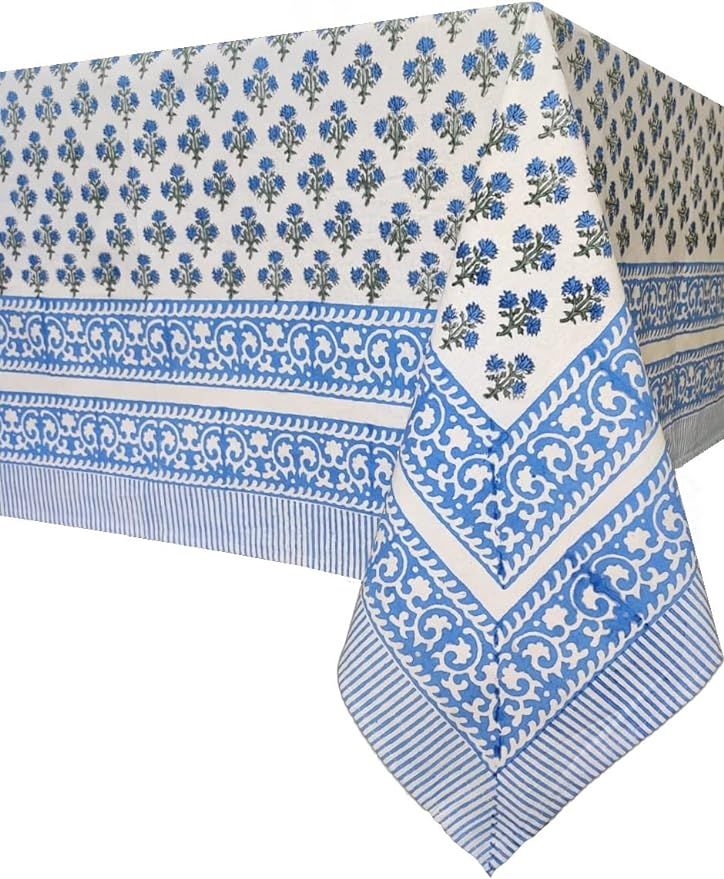 ATOSII Gulbahar White Blue 100% Cotton Tablecloth, Handblock Print Floral Rectangle Table Cloth f... | Amazon (US)