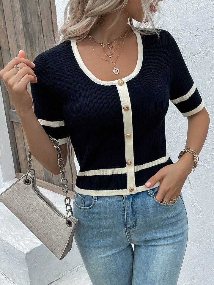 Knit Mix Tops de malha ligação de contraste botão frontal | SHEIN
