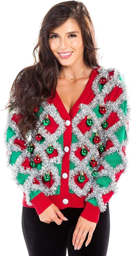 Women's Garland Christmas Sweater - Green and Red Tinsel Ornament Ugly Christmas Cardigan | Amazon (US)
