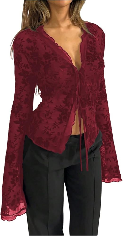 GORGLITTER Women's Mesh Tie Front Tops Y2K Bell Long Sleeve Going Out Tops | Amazon (US)