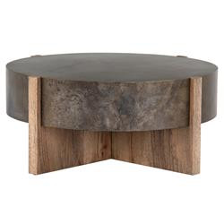 Brandon Rustic Black Iron Top Brown Oak Wood Base Round Coffee Table | Kathy Kuo Home