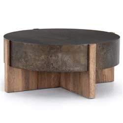 Brandon Rustic Black Iron Top Brown Oak Wood Base Round Coffee Table | Kathy Kuo Home