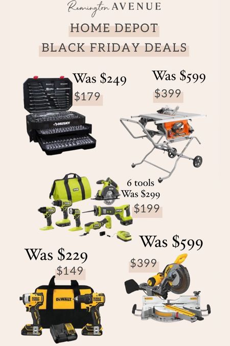 Home Depot Black Friday sale happening now! These deals on 
Miter saws
Table saws
Drills
6 piece tool sets
And more. 
Seriously incredible deals. 
tool gift guide gore handy girls or guys. 

#LTKCyberweek #LTKmens #LTKsalealert
