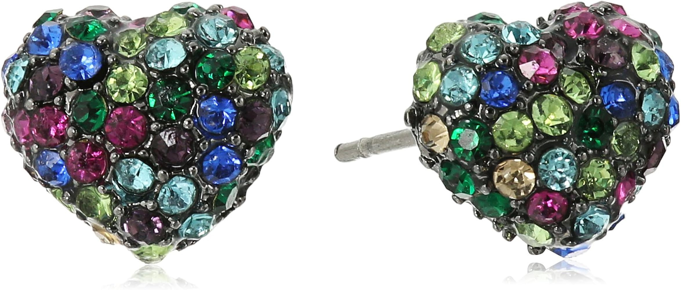 Betsey Johnson Pave Mixed Multi-Colored Stone Heart Stud Earrings | Amazon (US)