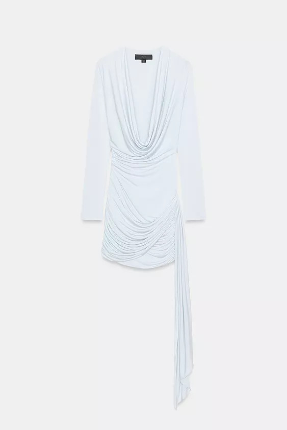 Draped neckline dress with long sleeve. Featuring gathered details and a matching sash. Tonal lin... | Zara UK