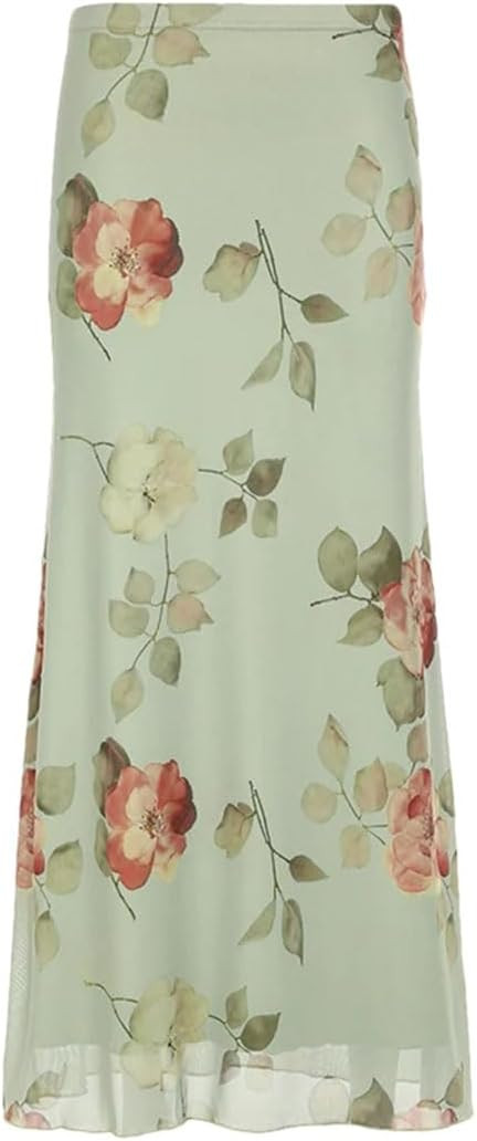 Women Flower Print Mesh Patchwork Skirt Boho Aesthetic A-Line Double Layer Long Skirts | Amazon (US)