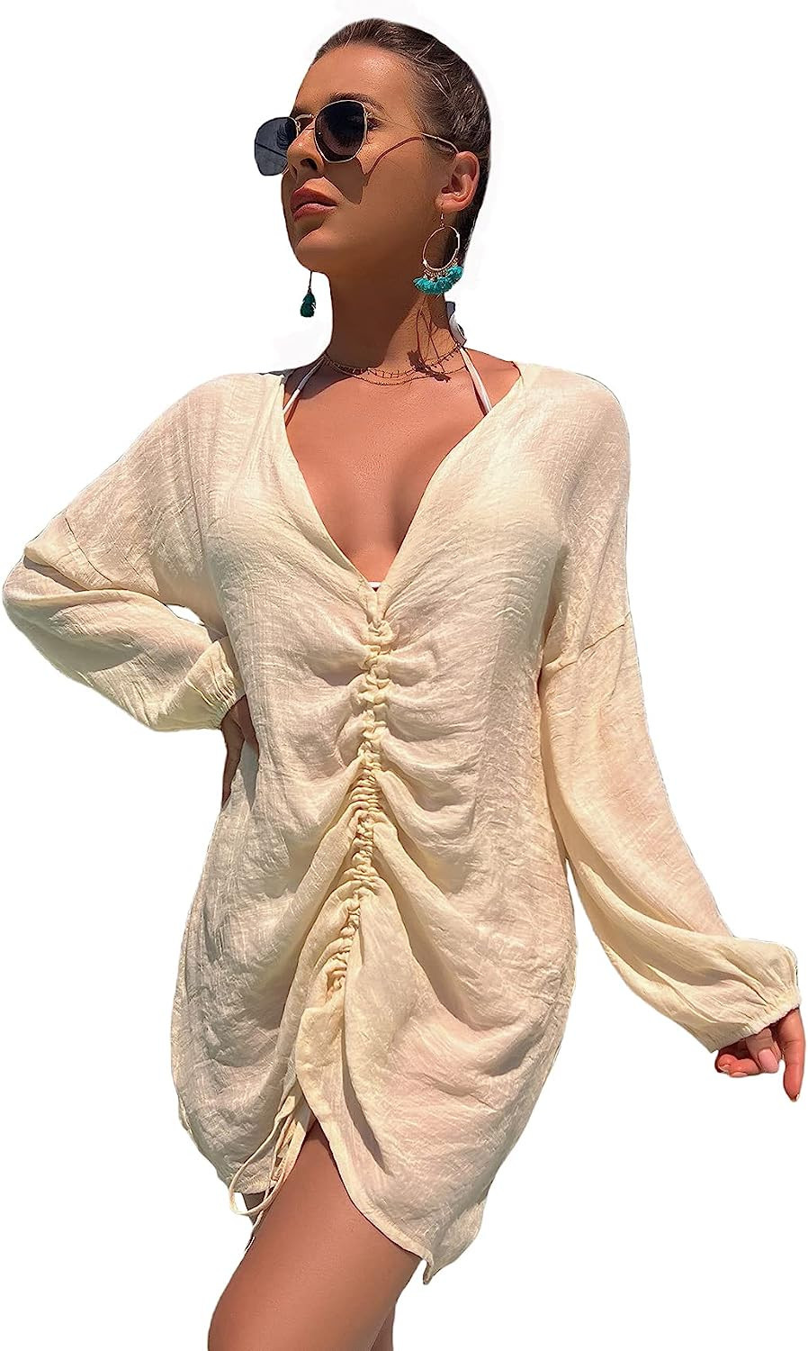 SOLY HUX Swim Cover Up for Women Summer Long Sleeve Drawstring Bikini Swimsuits Bathing Suit Beac... | Amazon (US)