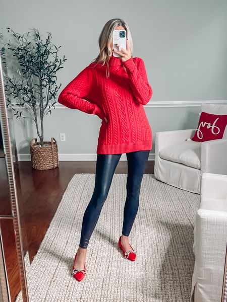 🎄AMAZON CHRISTMAS OUTFIT 🎄
Red cable knit sweater sized up one to a medium 
Spanx faux leather leggings in a medium 
Beautiful Red flats size down 
Red shoes 
Christmas outfit idea 
Holiday outfit 
Red sweater 


#LTKsalealert #LTKunder50 #LTKHoliday
