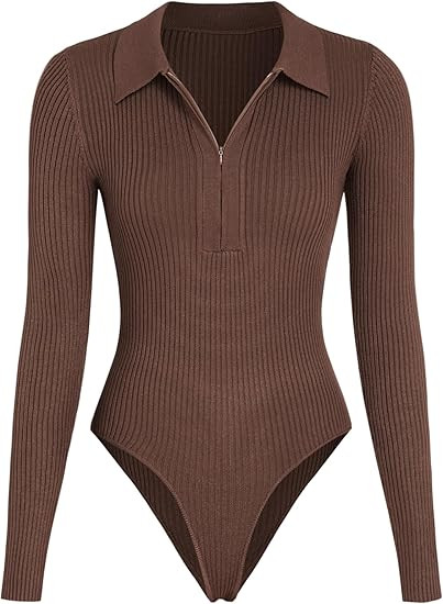 CIDER Women’s Long Sleeve Collared Zip Up Ribbed Knit Casual Bodysuits Slim Fit Tops | Amazon (US)