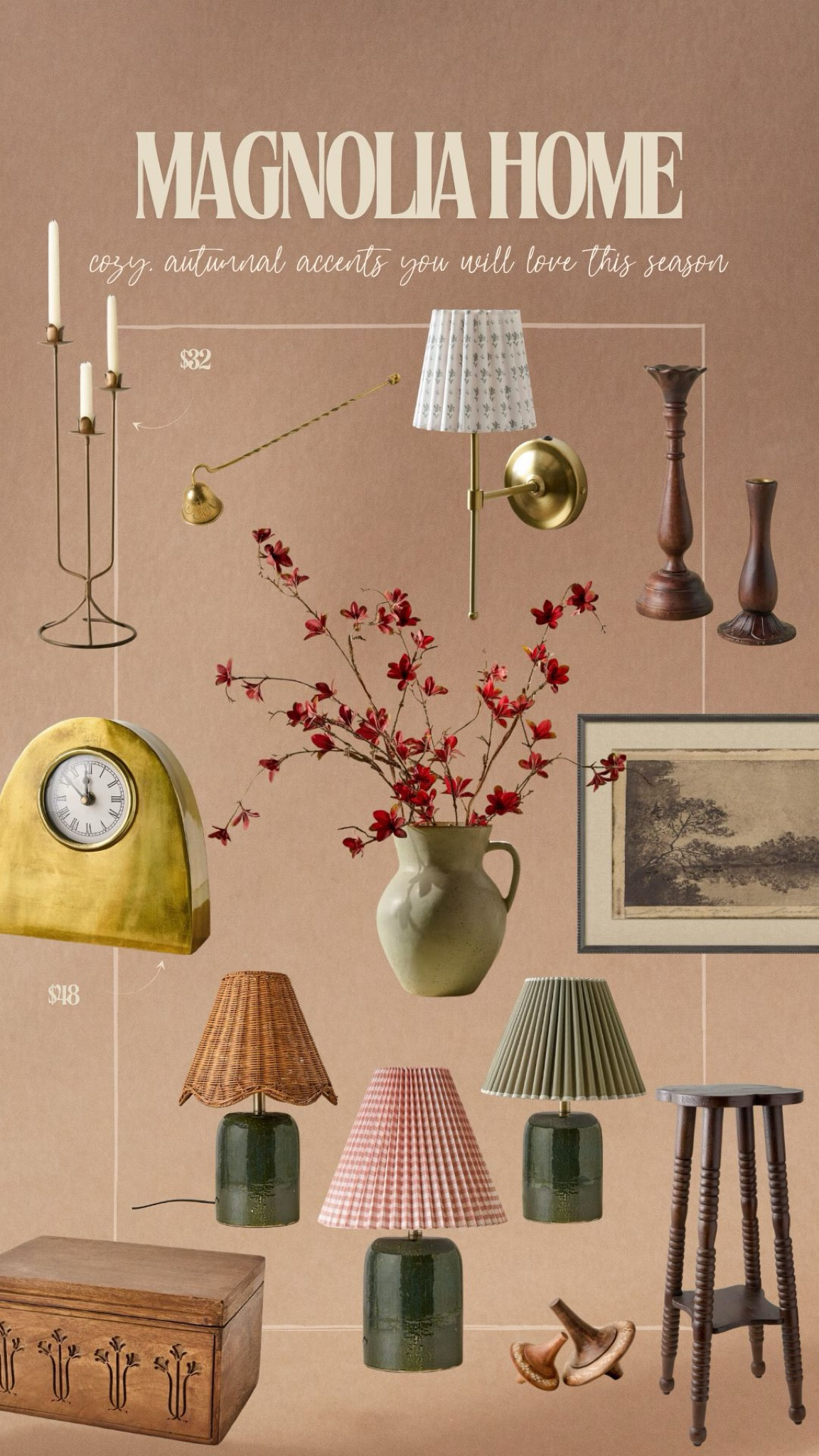 Magnolia Home Autumn Favorites! 🍁

Brass Candlestick Holder, Plug in Sconce, Vintage Sconce, Vintage Lamps, Plaid Lampshade, Brass Clock, Vintage Print, Wooden Stool, Fall Stems, Faux Stems, Afloral, McGee
