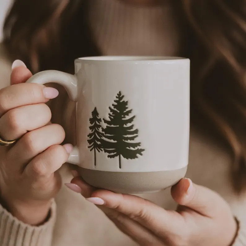 Green Trees Stoneware Coffee Mug: Rustic Mug for Cabin Decor - Etsy | Etsy (Global)
