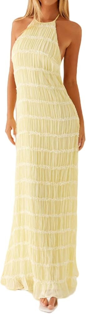 Flowy Boho Beach Dress for Women Halter Backless Smocked Vacation Long Dress Sexy Off Shoulder Re... | Amazon (US)