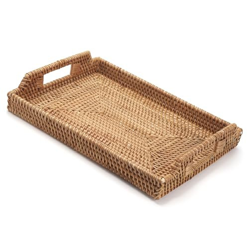 Rattan Serving Tray, Hand Woven Tray with Handles, Rectangular Wicker Basket Tray for Coffee Table Home Decor (14.5 x 10.2 x 1.4 inch) | Amazon (US)